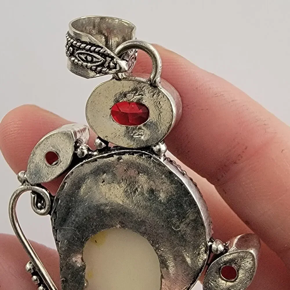 Womens Watch White Dial Sterling Silver Case Gemmed Ornate Filigree Red Stones